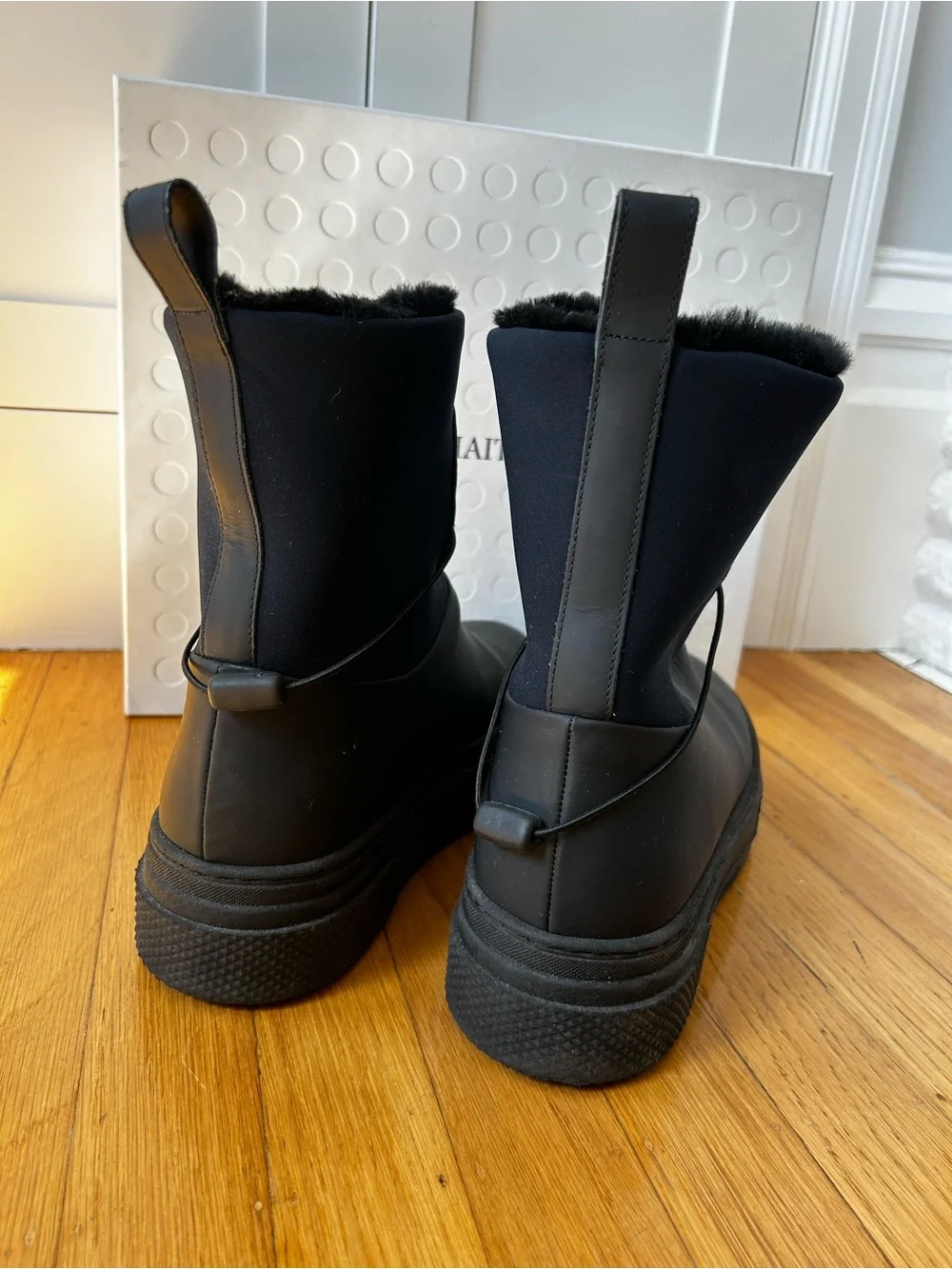 Khaite Culver Shearling Boots, Black/Midnight Navy, size 40